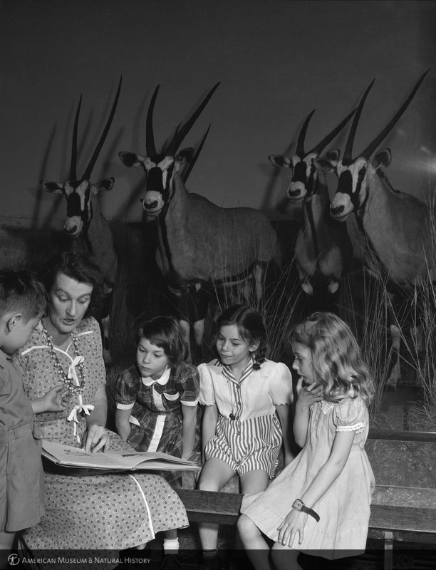 Catherine Barry reading to children at story hour, Gemsbok diorama, Akeley Hall of African Mammals, 1944