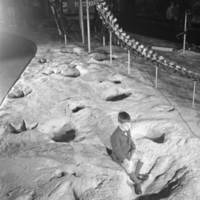 Young boy seated in dinosaur tracks, Brontosaurus Hall, 1959