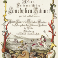 Frontispiece from Martini's Neues systematisches Conchylien-Cabinet, Volume I, with Neptune being hoisted by mermaids, horses pulling chariot